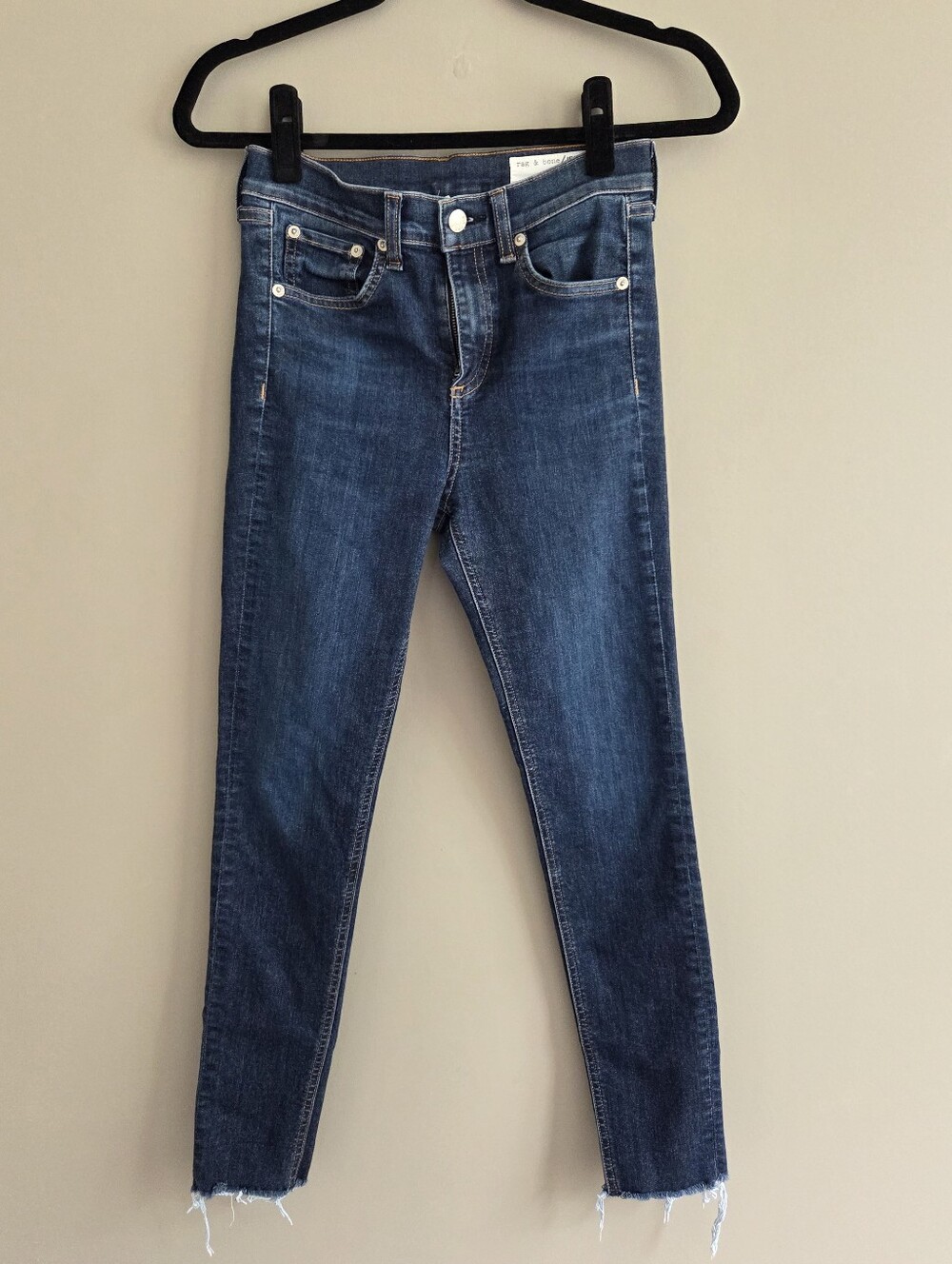 Rag & Bone 10 Inch Ankle High-Rise  Skinny Raw Hem Jeans Indigo Blue Size 25